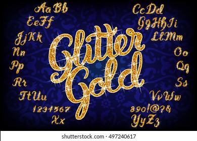 Handwritten Glitter Gold Alphabet Font. Hand Drawn Calligraphy Brush Script Gold Letters. Stock Vector Lettering Typography