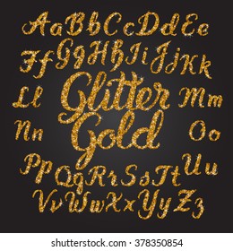 Handwritten Glitter Gold alphabet vector font. Hand drawn brush script letters on black background. Stock vector lettering typography