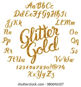 Handwritten Glitter Gold Alphabet Vector Font. Hand Drawn Brush Script Letters On Black Background. Stock Vector Lettering Typography