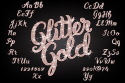 Handwritten Glitter Rose Gold Alphabet Vector Font. Hand Drawn Brush Script Letters On Black Background. Stock Vector Lettering Typography