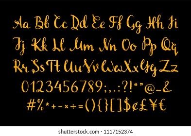 Handwritten gold script for for quotes, feminine logos, wedding and invitation, save the date cards. Luxury regular font with letters, numbers and punctuation marks. Vector illustration.
