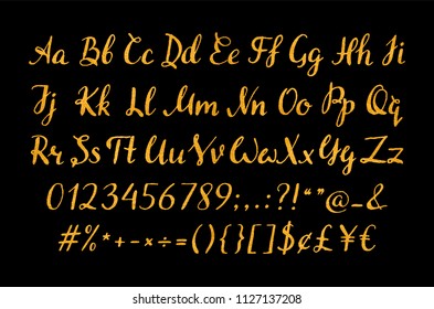 Handwritten gold script for for quotes, feminine logos, wedding and invitation, save the date cards. Luxury cursive font with letters, numbers and punctuation marks. Vector illustration.