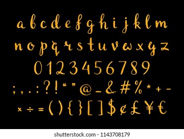 Handwritten gold script for for quotes, feminine logos, wedding and invitation, save the date cards. Luxury lowercase regular font with letters, numbers and punctuation marks. Vector illustration.