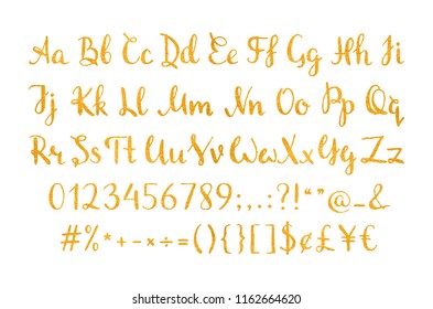 Handwritten gold script for for quotes, feminine logos, wedding and invitation, save the date cards. Luxury regular font with letters, numbers and punctuation marks. Vector illustration.