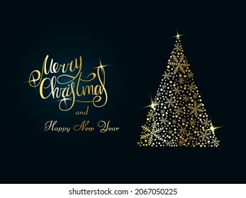 Handwritten golden lettering on a dark blue background. Magic golden Christmas tree of snowflakes. Merry Christmas and Happy New Year 2022.