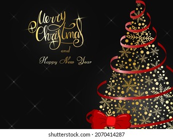 Handwritten golden lettering on a dark gray background. Magic lush golden Christmas tree of snowflakes with a red ribbon and a bow. Merry Christmas and Happy New Year 2022.