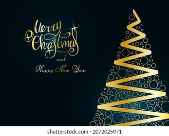 Handwritten golden lettering on a dark blue background. Magic golden Christmas tree made of ribbon and circles. Merry Christmas and Happy New Year 2022.