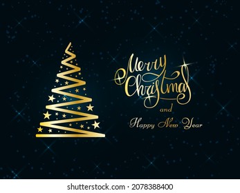 Handwritten golden lettering on a dark blue background. Magic golden Christmas tree with stars. Merry Christmas and Happy New Year 2022.