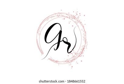 Handwritten GR G R letter logo with sparkling circles with pink glitter. Decorative vector illustration with G and R letters.