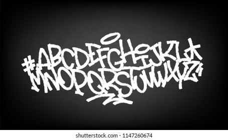 Handwritten graffiti font alphabet. Set on black background.