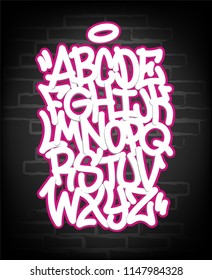 Handwritten graffiti font alphabet. Set on black background.