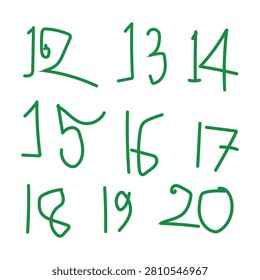 Handwritten green numbers from twelve to twenty drawn with a marker on a clear background