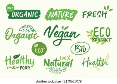 Handwritten Green Vegan and Organic Concept. Lettering Vector Label Template Design for Natural Business food, drink, product.