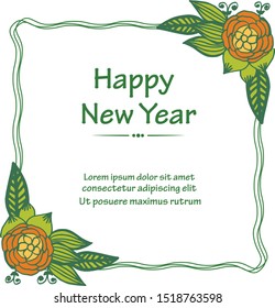 Handwritten greeting card happy new year, with texture of colorful flower frame. Vector