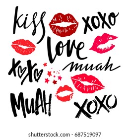 Handwritten Grunge Brush Lettering with Red Woman Lips. Vector Lipstick Kisses Isolated on White Background. XOXO, Love, Kiss and Muah Phrases on Valentines Day.