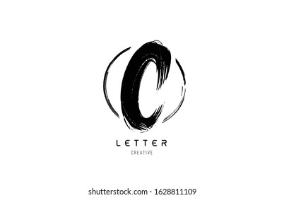 handwritten grunge C brush stroke letter alphabet logo icon design template with circle in black and white for business. Suitable for a company design