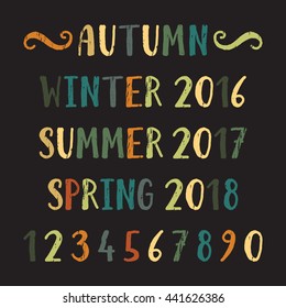 Handwritten grunge colorful four seasons Summer, Autumn, Winter, Spring and numbers. Hand drawn calligraphy lettering for diary, banner, calendar, planner, poster, greeting card. Vector illustration.