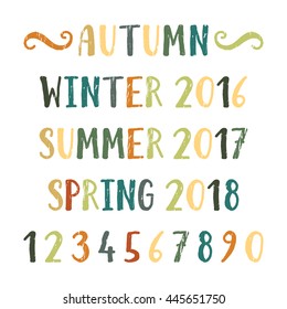 Handwritten grunge colorful four seasons Summer, Autumn, Winter, Spring and numbers. Hand drawn calligraphy lettering for diary, banner, calendar, planner, poster, greeting card. Vector illustration.
