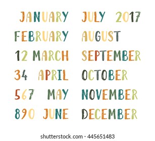 Handwritten grunge colorful month names and numbers from zero to nine. Hand drawn calligraphy lettering for diary, banner, calendar, planner, poster, greeting card. Vector illustration.