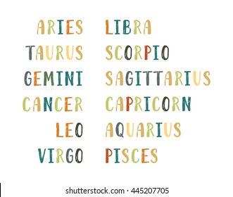 Handwritten grunge colorful twelve zodiac signs name. Hand drawn calligraphy lettering for banner, calendar, poster, greeting card, astrological forecast, horoscope, prediction. Vector illustration.