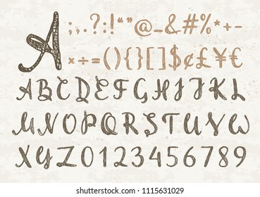 Handwritten grunge script for for quote, banner, poster, placard, t-shirt, postcard. Uppercase regular hatch font with letters, numbers and punctuation marks. Vector illustration.