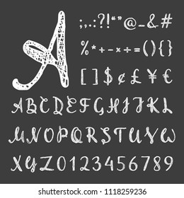 Handwritten grunge script for for quote, banner, poster, placard, t-shirt, postcard. Uppercase regular hatch font with letters, numbers and punctuation marks. Vector illustration.