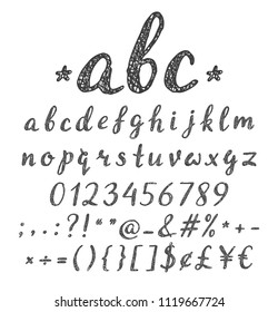Handwritten grunge script for for quote, banner, poster, placard, t-shirt, postcard. Lowercase cursive hatch font with letters, numbers and punctuation marks. Vector illustration.
