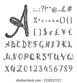 Handwritten grunge script for for quote, banner, poster, placard, t-shirt, postcard. Uppercase regular hatch font with letters, numbers and punctuation marks. Vector illustration.