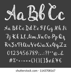 Handwritten grunge script for for quote, banner, poster, placard, t-shirt, postcard. Uppercase and lowercase regular hatch font with letters, numbers and punctuation marks. Vector illustration.