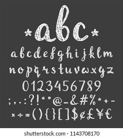 Handwritten grunge script for for quote, banner, poster, placard, t-shirt, postcard. Lowercase regular hatch font with letters, numbers and punctuation marks. Vector illustration.