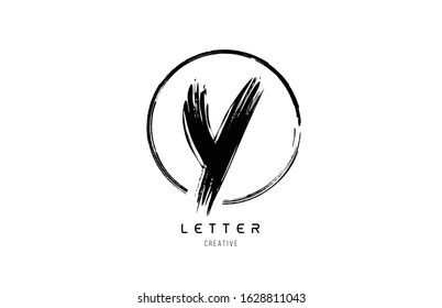 handwritten grunge Y brush stroke letter alphabet logo icon design template with circle in black and white for business. Suitable for a company design