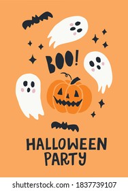 Handwritten Halloween Party Cute Vector Design with Black Scary Bat Silhouettes, White Spooky Ghosts and Magical Stars on Orange Background. Hand Drawn Illustration. Ideal for Posters and Cards.