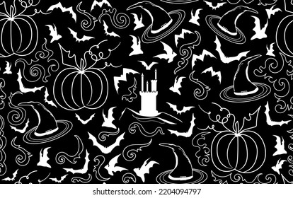 Handwritten Halloween vector seamless pattern with flying bats, ornaments, vampire castles and pumpkins