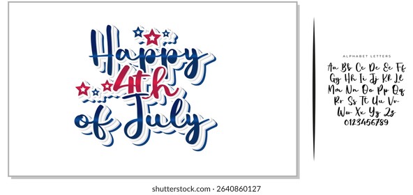 Handwritten Happy 4th of July Typography Design with Stars Decoration - Festive Script Font Illustration