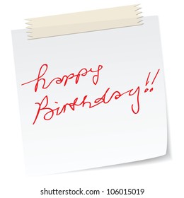 handwritten happy birthday greetings on a note.