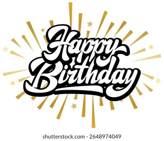 Carta de Feliz Aniversário manuscrita com texto em negrito preto e branco e raios de estrela dourada para comemorar o design de saudação.