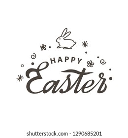 Handwritten Happy Easter with Easter Bunny in retro style. flat vector illustration isolated on white background.