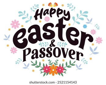 Handwritten Happy Easter with flowers and leaves. Spring decoration. Passover Day concept. Flat vector illustration.