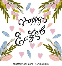 letras Happy Easter escritas a mano, negro sobre fondo blanco. brotes de sauce, plumas, flores rosas.