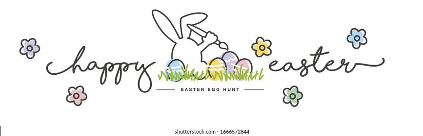 Handwritten "Happy Easter" typography line text lettering.  Bunny artist painting colorful eggs in grass on white, greeting card