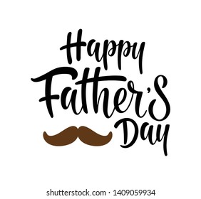 Handwritten Happy Fathers Day  typography lettering poster. Celebration quote on white background for postcard, icon, badge. Modern vector calligraphy text with moustache for shirt, cup, poster.