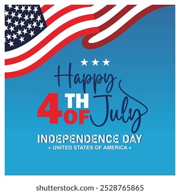 Handwritten Happy Independence Day USA. American national flag flying on a blue background. Independence Day USA concept. Flat vector illustration.