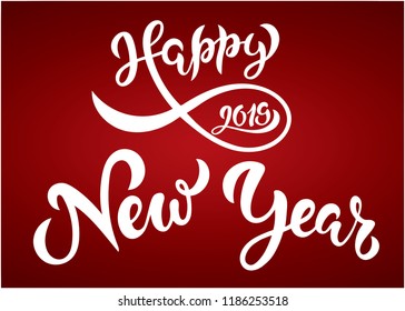 Handwritten Happy New Year 2019 typography lettering poster. Celebration quote for postcard, icon, logo, badge. Winter celebration vector calligraphy text on red background.