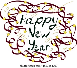handwritten happy new year. 2020. garland, tinsel, holiday greetings. winter. For printing on cards, invitations, Christmas souvenirs, wrapping paper.