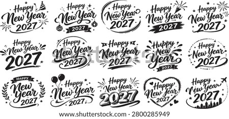 Handwritten Happy New Year 2027 lettering collection with festive calligraphy, decorative sparkles and editable vector typography.