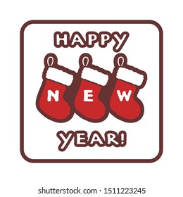 Handwritten Happy New Year icon. Three vintage red Christmas stockings on a white background. Vector illustration.