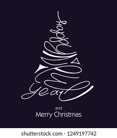 Handwritten Happy New Year lettering in shape of Christmas Tree. Modern ink brush calligraphy for holiday design, postcard, greeting card, invitation, banner, sticker. White line, black background