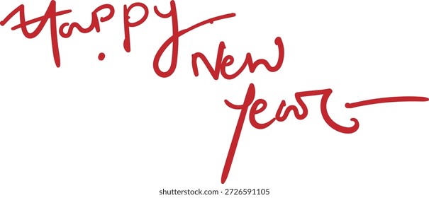 A handwritten happy new year message in red color on a pure white background, with a casual and festive feel, perfect for greeting cards or social media posts