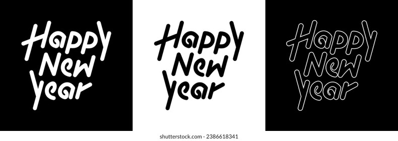 handwritten happy new year. with white and black background. cartoon vector illustration template design.