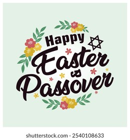 Handwritten Happy Passover and Jewish Passover. Easter celebration with leaves, flowers, and eggs. Passover Day concept. Flat vector illustration.